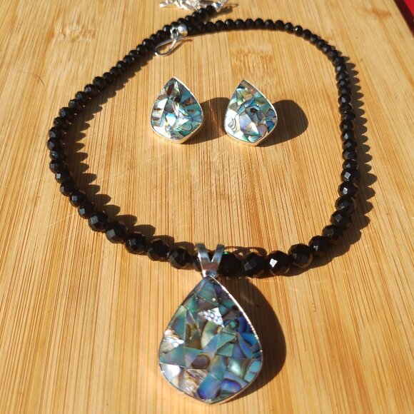 Jay King Midnight Chalcedony necklace Abalone pendant and earrings set 925 Sterl - Picture 4 of 8